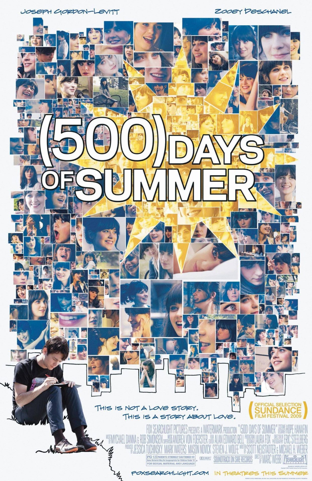 The theatrical poster for (500) Days of Summer, composed of hundreds of small photographs surrounding Joseph Gordon-Levitt.