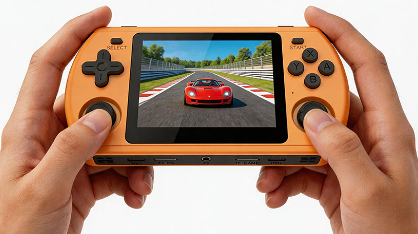 Orange retro gaming handheld with a racing game on screen