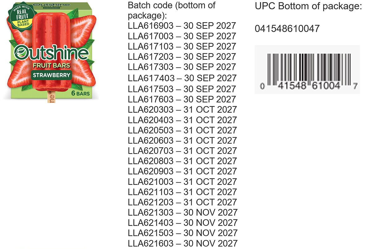 Outshine Strawberry frozen fruit bars in a red six-count box, one of the products covered by the recall.