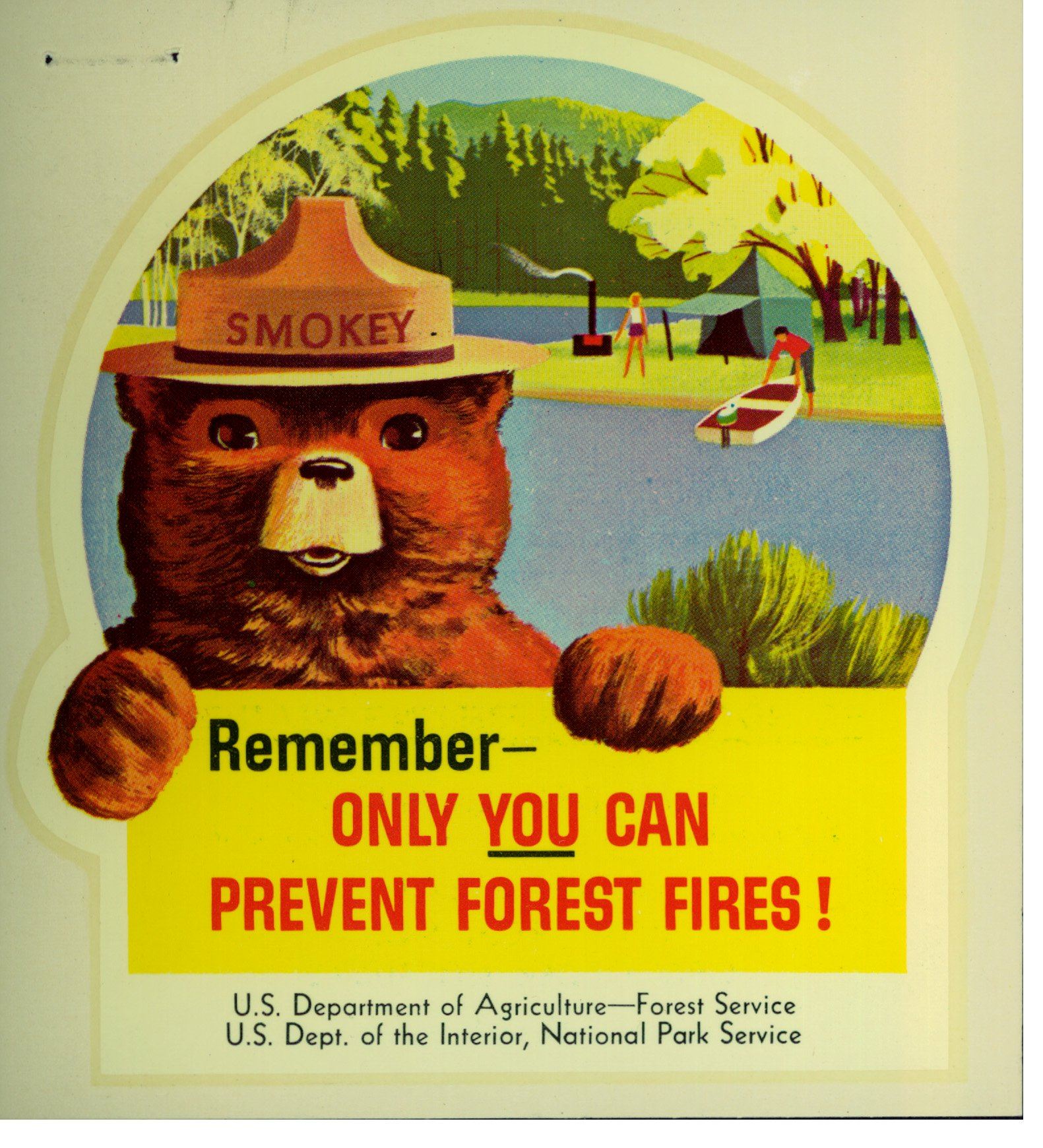 Vintage Smokey Bear poster showing Smokey holding a yellow sign that reads, Remember—only you can prevent forest fires, beside a campsite.