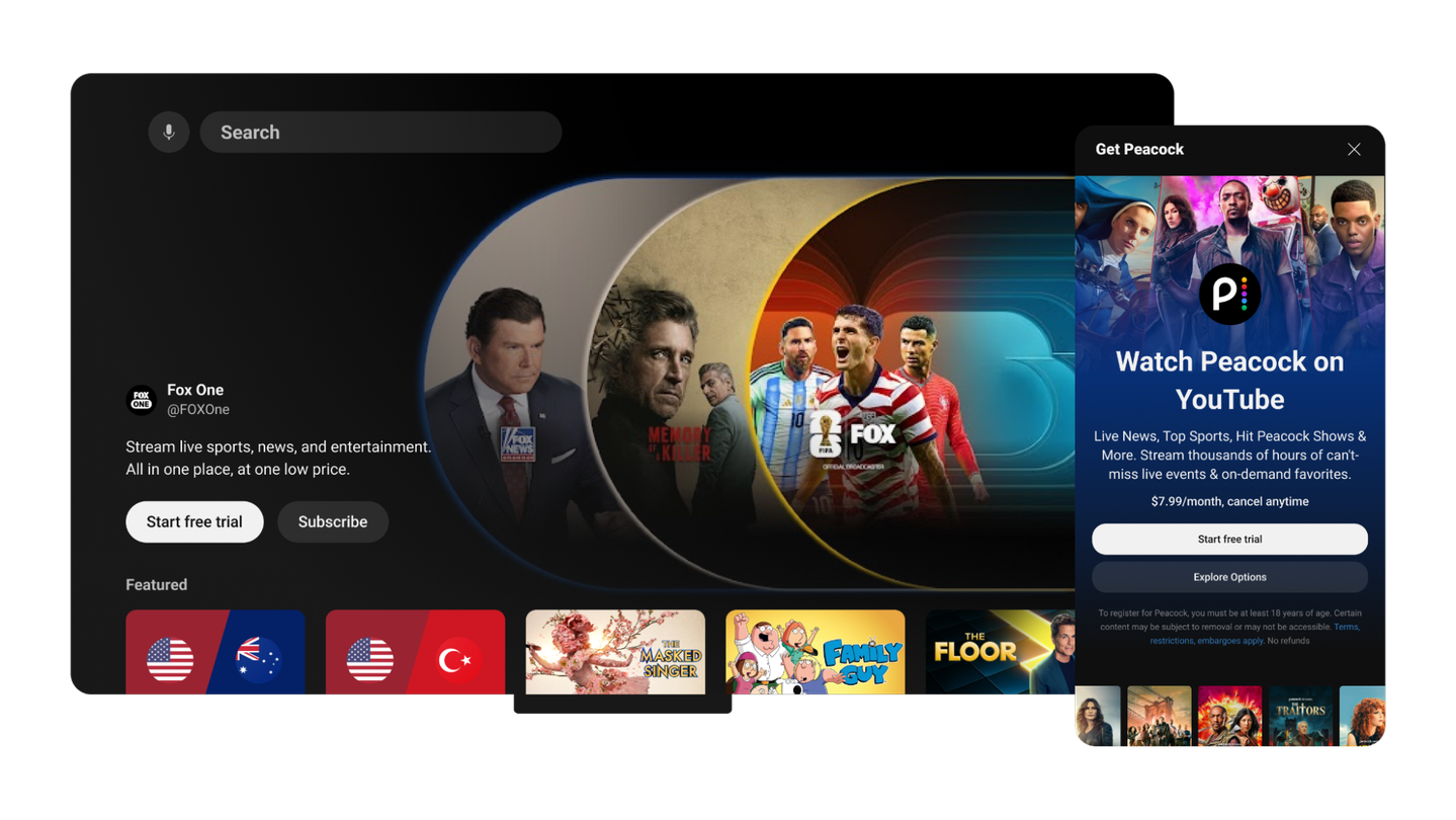 YouTube Primetime Channels interface showing FOX One and Peacock subscriptions alongside movies, television, news, and sports.