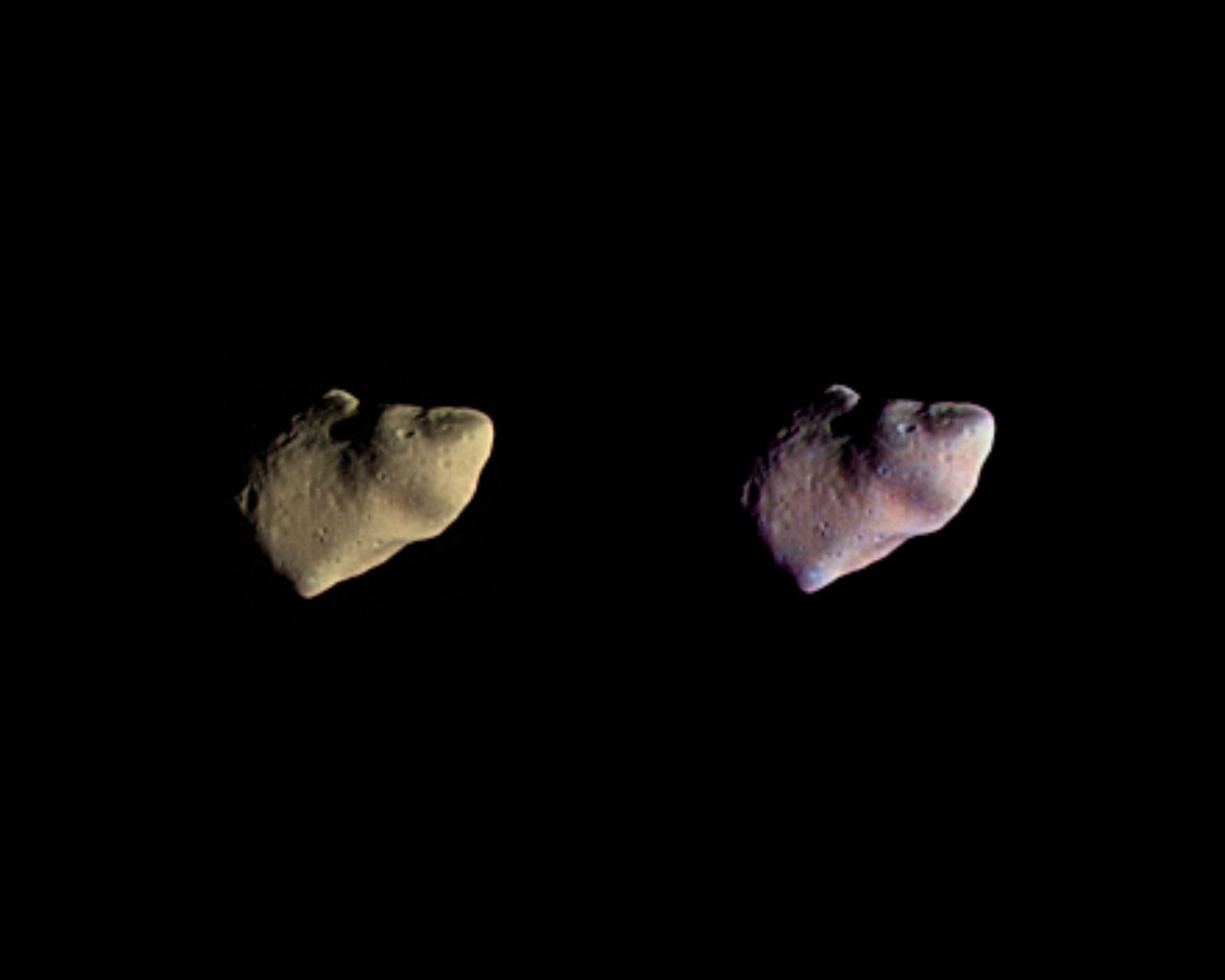 Two Galileo views of asteroid Gaspra: approximately true color on the left and enhanced color on the right.