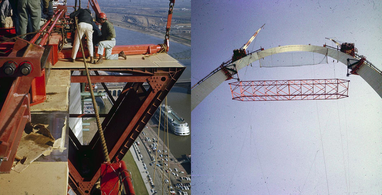 Two archival views show workers and the final section joining the Gateway Arch in October 1965.