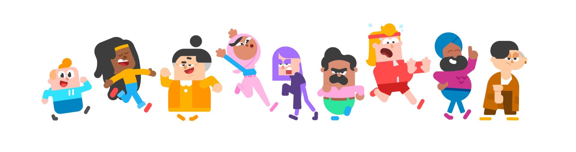 Duolingo’s colorful character cast jumping in a line