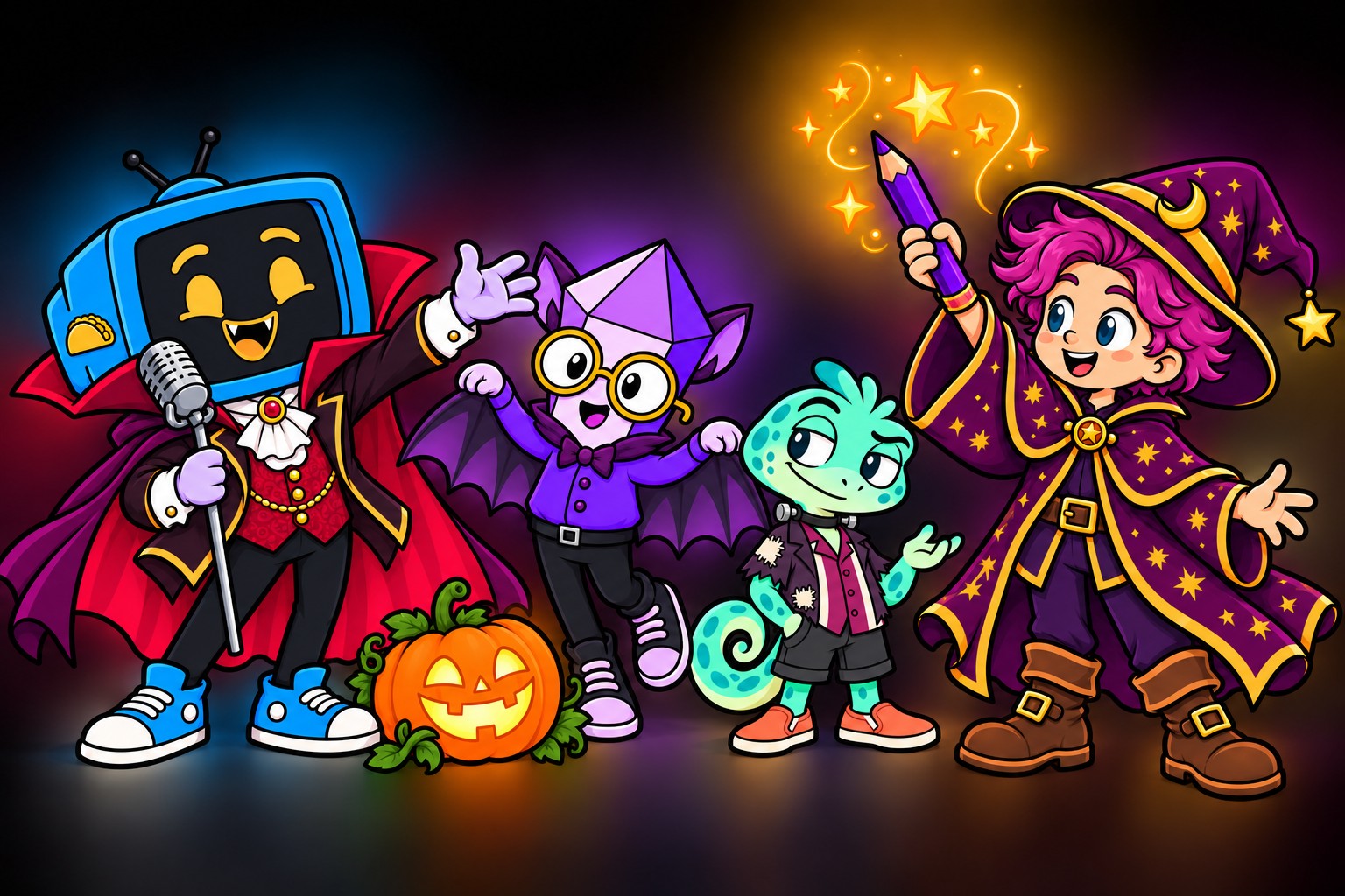 Telly in a vampire cape, Facet in bat wings, Hitch the mint gecko in a patched Frankenstein costume, and Andrew’s wizard avatar gather around a glowing pumpkin.