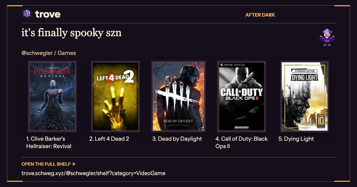 Trove Halloween games shelf titled “it's finally spooky szn,” featuring Clive Barker's Hellraiser: Revival; Left 4 Dead 2; Dead by Daylight; Call of Duty: Black Ops II; Dying Light.