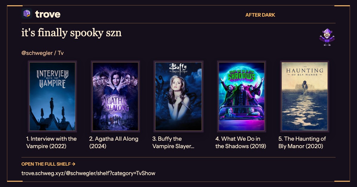 Trove Halloween tv shelf titled “it's finally spooky szn,” featuring Interview with the Vampire (2022); Agatha All Along (2024); Buffy the Vampire Slayer (1997); What We Do in the Shadows (2019); The Haunting of Bly Manor (2020).