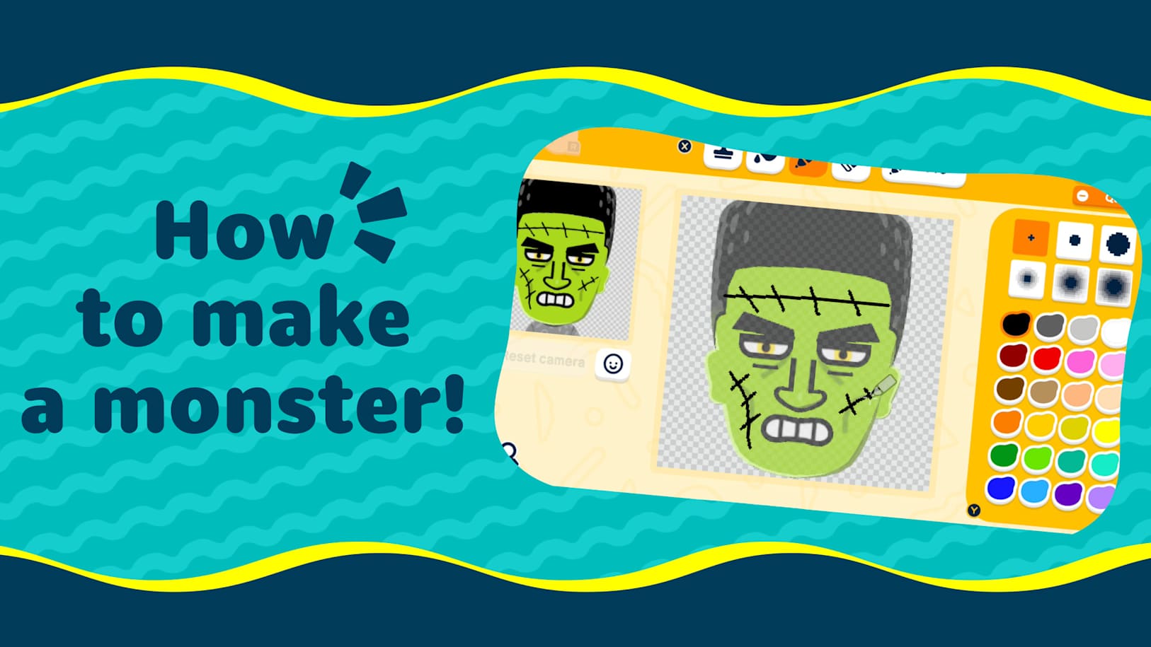 Nintendo’s Tomodachi Life guide shows a green monster Mii in the face-paint editor.
