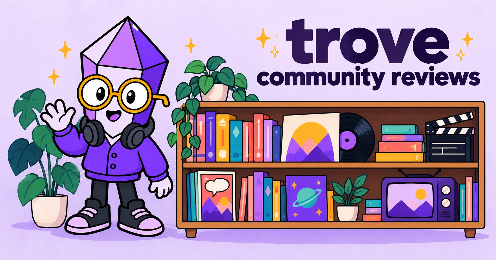 Trove community reviews: Facet waves beside shelves of books, comics, records, film cases, and a television.