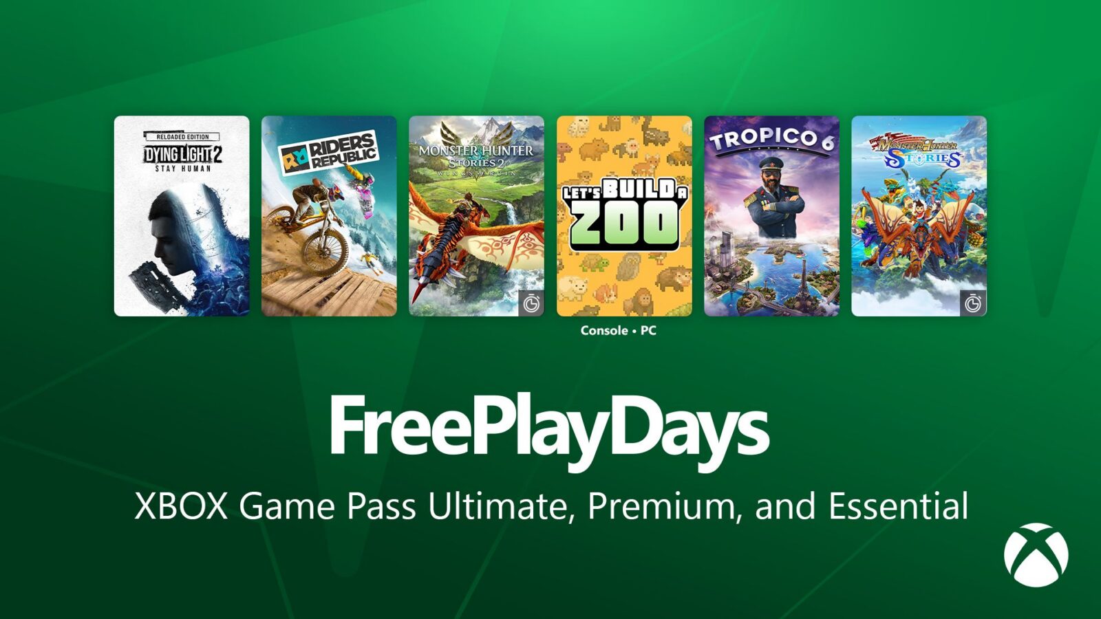 Xbox Free Play Days graphic featuring Dying Light 2, Riders Republic, Monster Hunter Stories 2, Let’s Build a Zoo, Tropico 6 and Monster Hunter Stories.